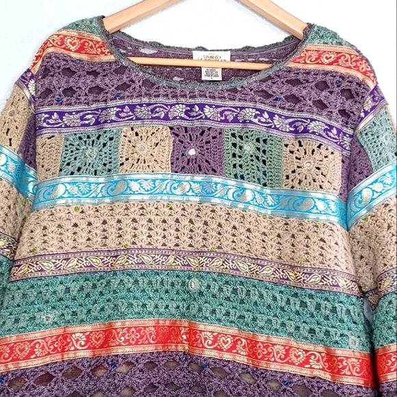 Vintage 90's Boho Patchwork Beaded Accents Sz L Relaxed Artisan Crochet Sweater - Picture 4 of 12
